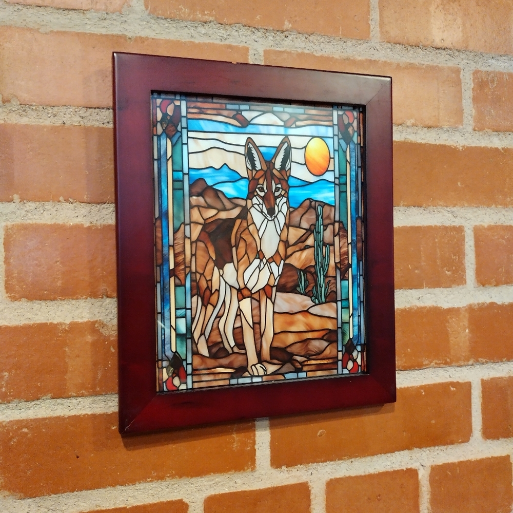Coyote in Arizona Desert Stained Glass Style Framed Art Print By Neon Nicho